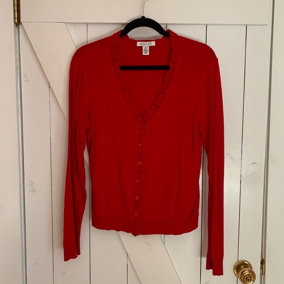 Button Down V-Neck Cardigan Sweater Red Ruffle Church Librarian Academia Style - Picture 1 of 8